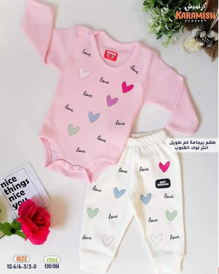 طقم بيجامه كم طويل قلوب